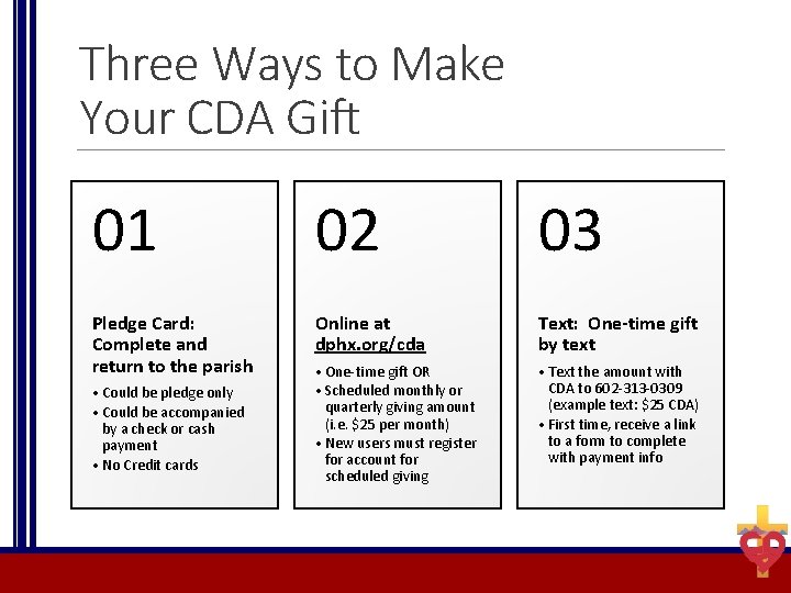 Three Ways to Make Your CDA Gift 01 02 03 Pledge Card: Complete and