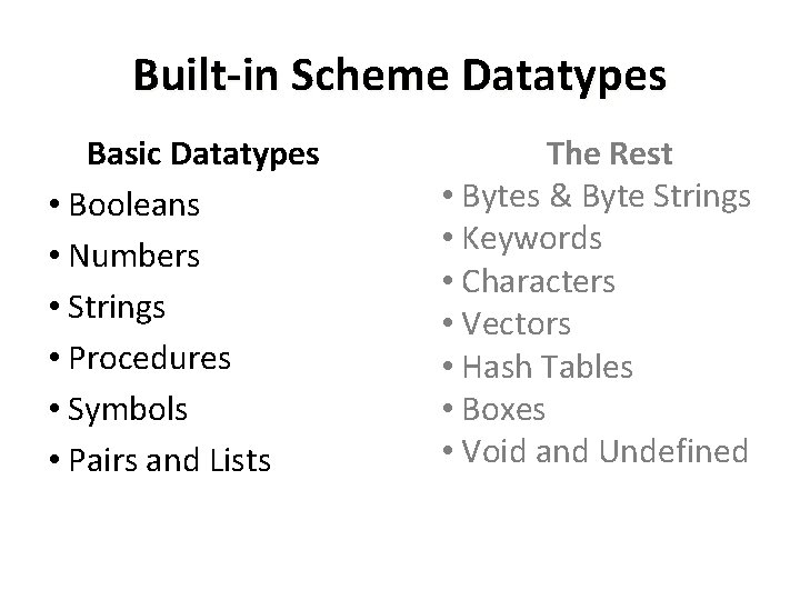 Built-in Scheme Datatypes Basic Datatypes • Booleans • Numbers • Strings • Procedures •