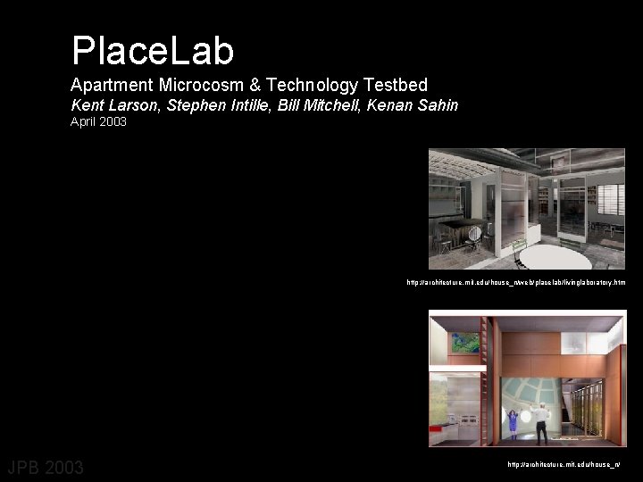 Place. Lab Apartment Microcosm & Technology Testbed Kent Larson, Stephen Intille, Bill Mitchell, Kenan