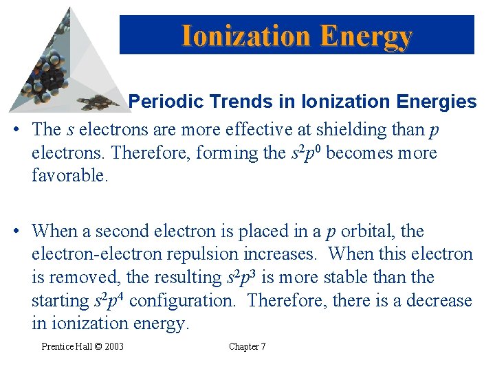 Ionization Energy Periodic Trends in Ionization Energies • The s electrons are more effective