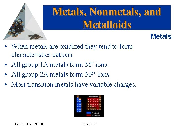 Metals, Nonmetals, and Metalloids Metals • When metals are oxidized they tend to form