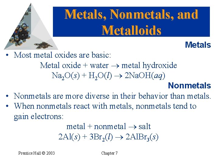 Metals, Nonmetals, and Metalloids Metals • Most metal oxides are basic: Metal oxide +