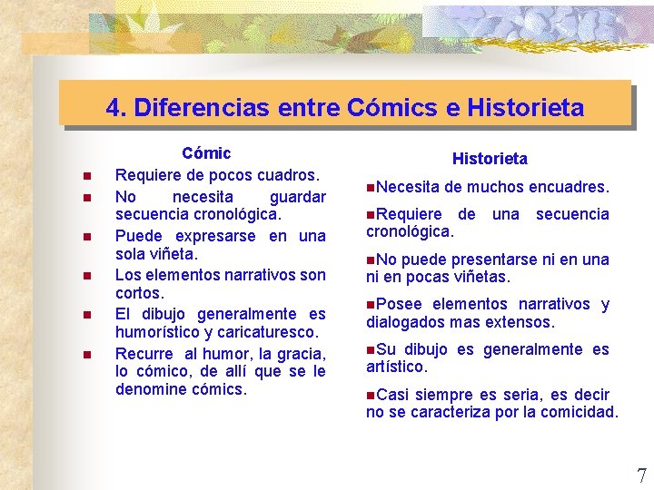 4. Diferencias entre Cómics e Historieta n n n Cómic Requiere de pocos cuadros.