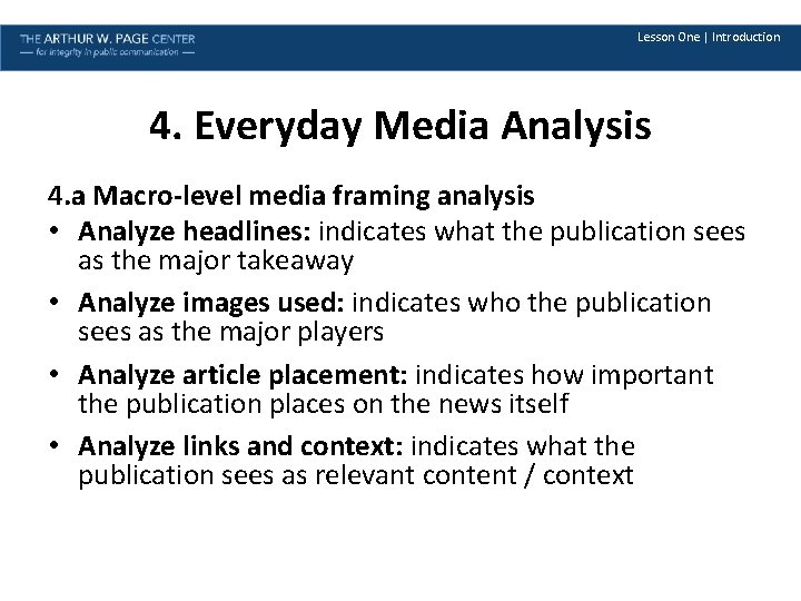 Lesson One | Introduction 4. Everyday Media Analysis 4. a Macro-level media framing analysis