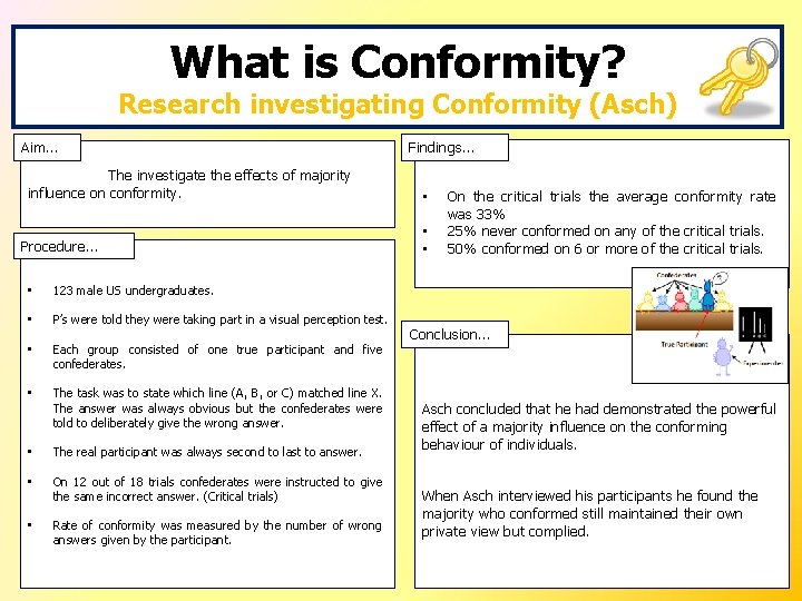 What is Conformity? Research investigating Conformity (Asch) Aim… The investigate the effects of majority