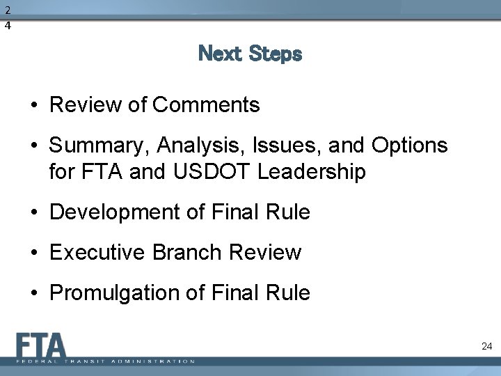 2 4 Next Steps • Review of Comments • Summary, Analysis, Issues, and Options