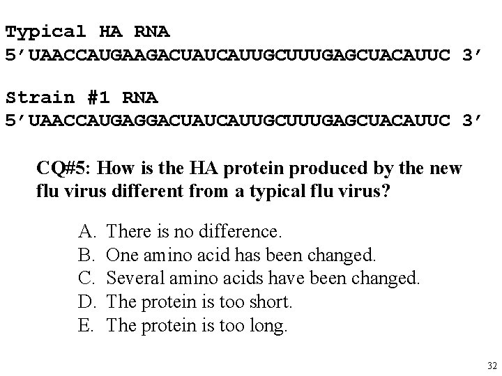 Typical HA RNA 5’UAACCAUGAAGACUAUCAUUGCUUUGAGCUACAUUC 3’ Strain #1 RNA 5’UAACCAUGAGGACUAUCAUUGCUUUGAGCUACAUUC 3’ CQ#5: How is the