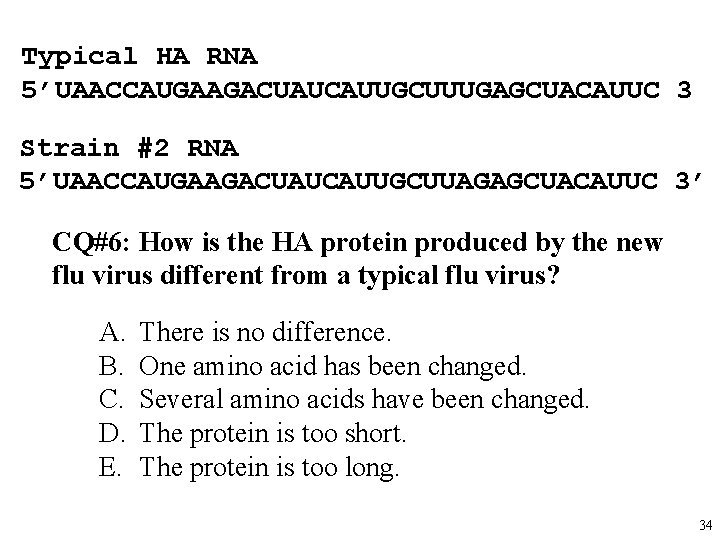 Typical HA RNA 5’UAACCAUGAAGACUAUCAUUGCUUUGAGCUACAUUC 3 Strain #2 RNA 5’UAACCAUGAAGACUAUCAUUGCUUAGAGCUACAUUC 3’ CQ#6: How is the