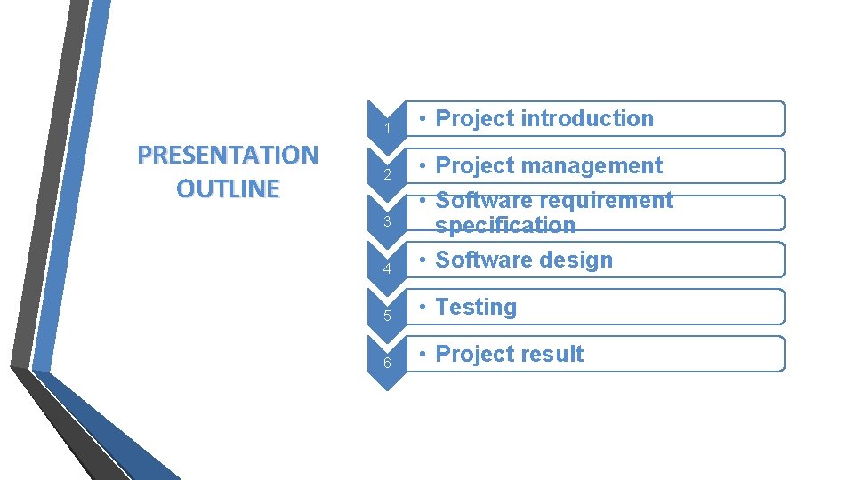 1 PRESENTATION OUTLINE • Project introduction 4 • Project management • Software requirement specification