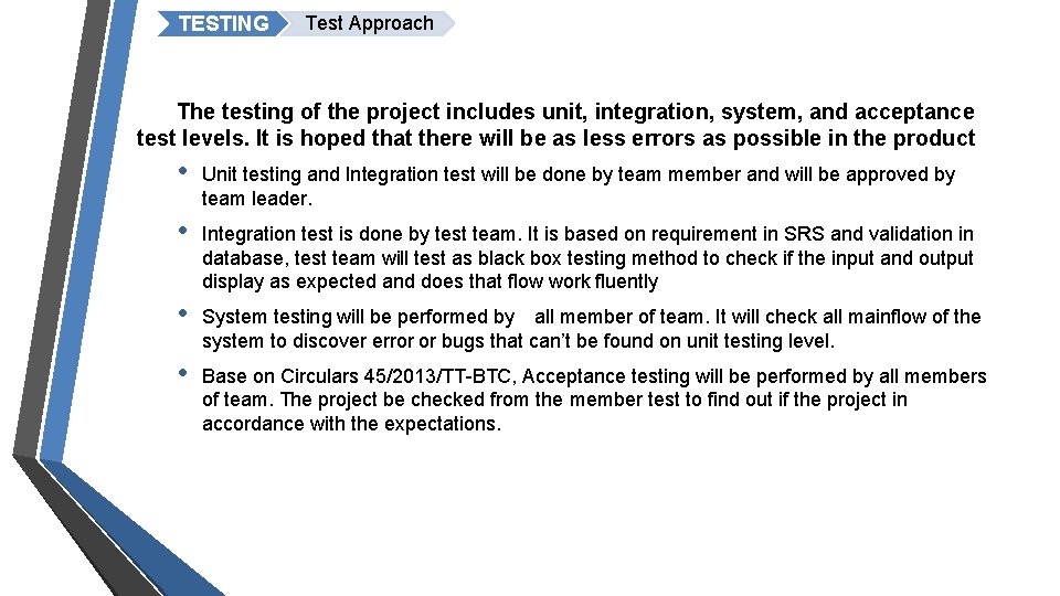 TESTING Test Approach The testing of the project includes unit, integration, system, and acceptance