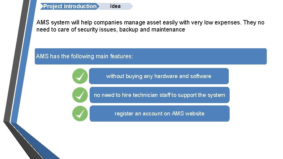 Project introduction Idea AMS system will help companies manage asset easily with very low