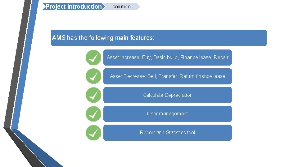 Project introduction solution AMS has the following main features: Asset Increase: Buy, Basic build,