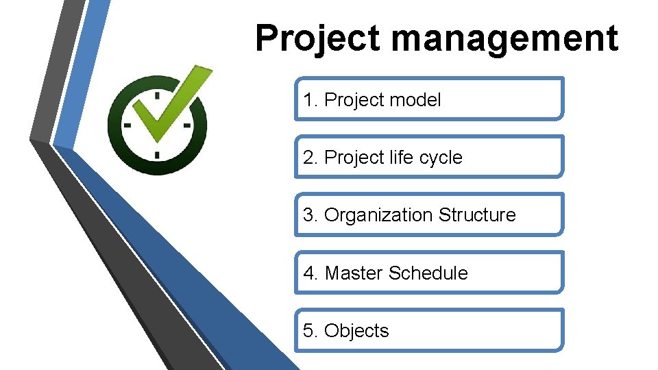 Project management 1. Project model 2. Project life cycle 3. Organization Structure 4. Master