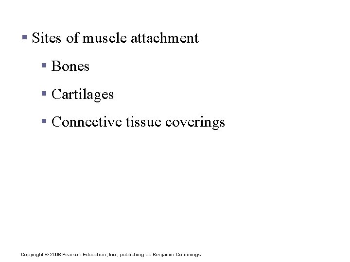 Skeletal Muscle Attachments § Sites of muscle attachment § Bones § Cartilages § Connective