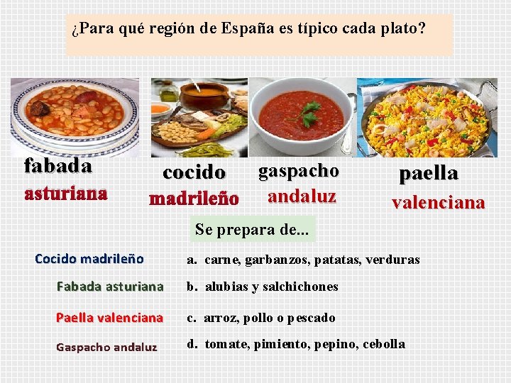 ¿Para qué región de España es típico cada plato? fabada asturiana cocido gaspacho madrileño