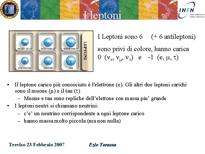 I leptoni I Leptoni sono 6 (+ 6 antileptoni) sono privi di colore, hanno