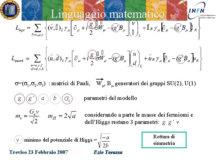 Linguaggio matematico s=(s 1, s 2, s 3) : matrici di Pauli, Wm, Bm