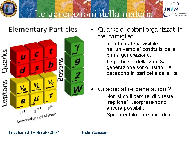 Le generazioni della materia • Quarks e leptoni organizzati in tre “famiglie”: – tutta