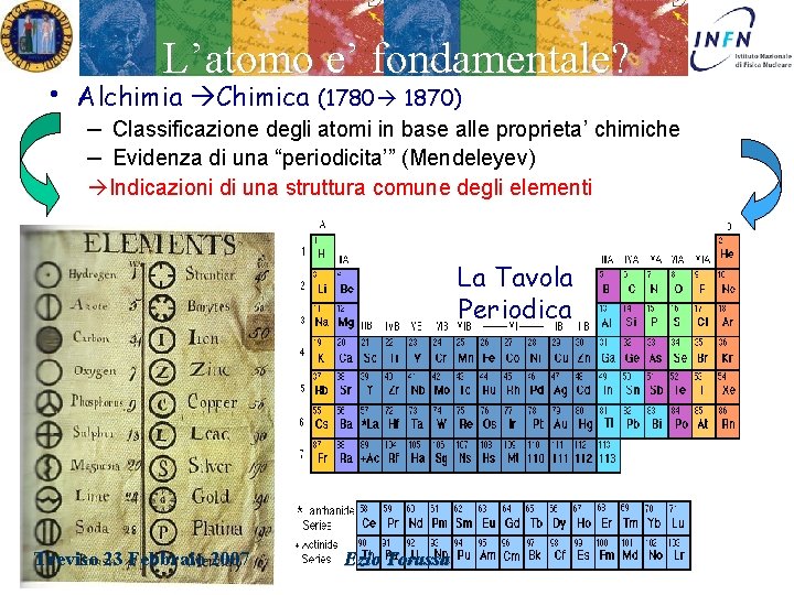 L’atomo e’ fondamentale? • Alchimia Chimica (1780 1870) – Classificazione degli atomi in base