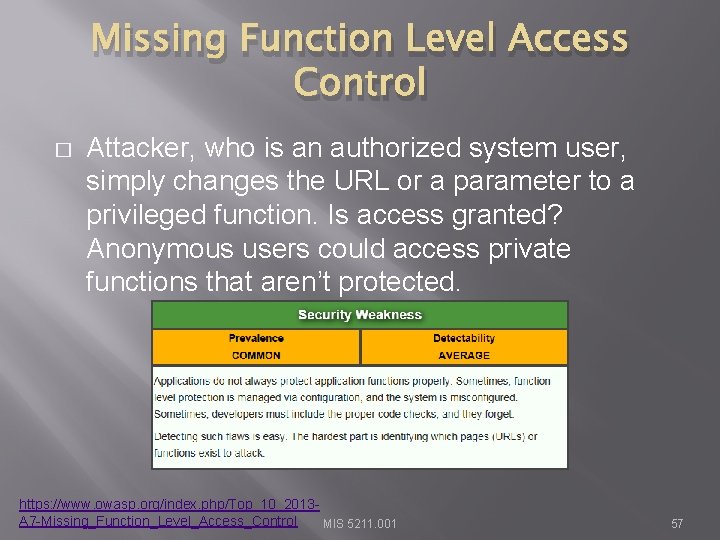 Missing Function Level Access Control � Attacker, who is an authorized system user, simply