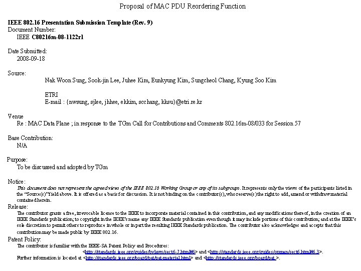 Proposal of MAC PDU Reordering Function IEEE 802. 16 Presentation Submission Template (Rev. 9)