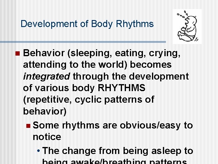 Development of Body Rhythms n Behavior (sleeping, eating, crying, attending to the world) becomes