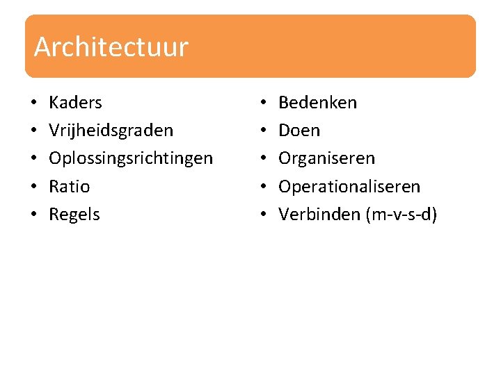 Architectuur • • • Kaders Vrijheidsgraden Oplossingsrichtingen Ratio Regels • • • Bedenken Doen