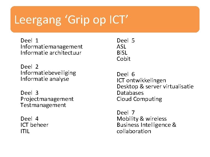 Leergang ‘Grip op ICT’ Deel 1 Informatiemanagement Informatie architectuur Deel 2 Informatiebeveiliging Informatie analyse