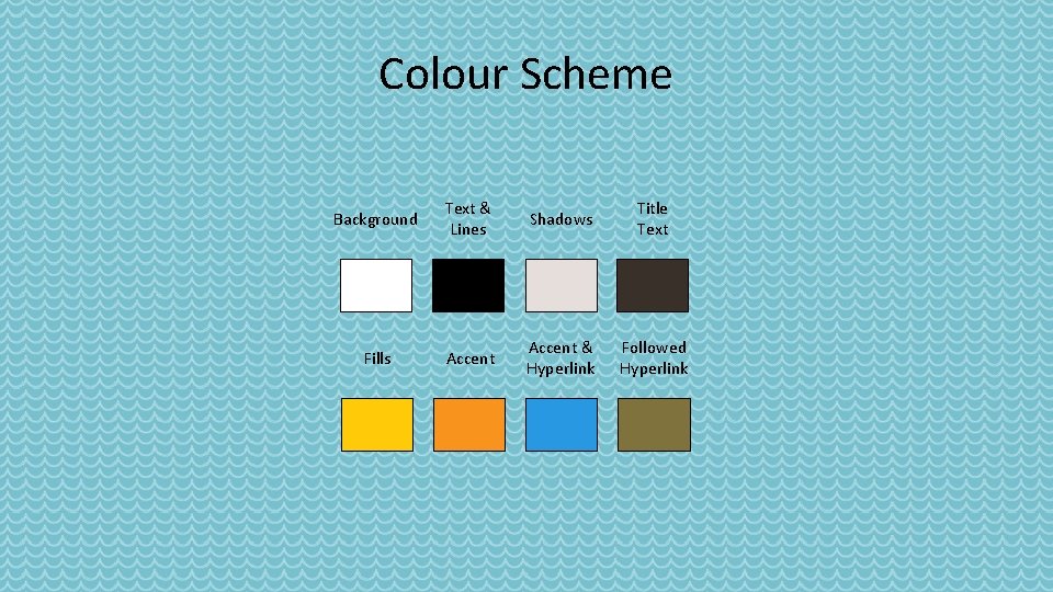 Colour Scheme Background Text & Lines Shadows Title Text Fills Accent & Hyperlink Followed