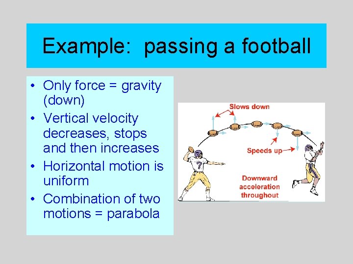 Example: passing a football • Only force = gravity (down) • Vertical velocity decreases,