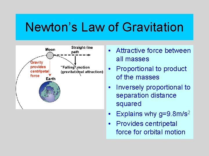 Newton’s Law of Gravitation • Attractive force between all masses • Proportional to product