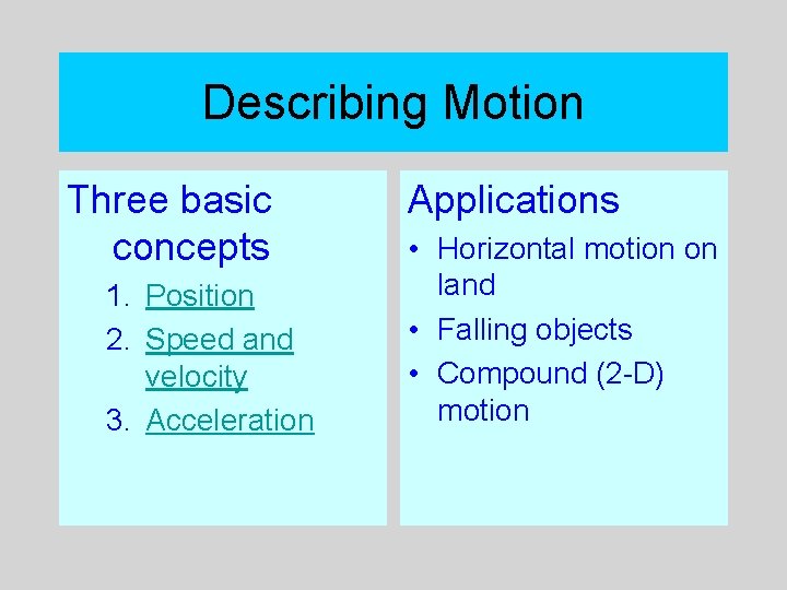 Describing Motion Three basic concepts 1. Position 2. Speed and velocity 3. Acceleration Applications