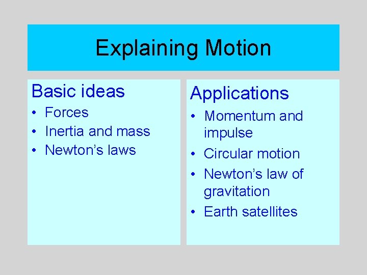 Explaining Motion Basic ideas Applications • Forces • Inertia and mass • Newton’s laws