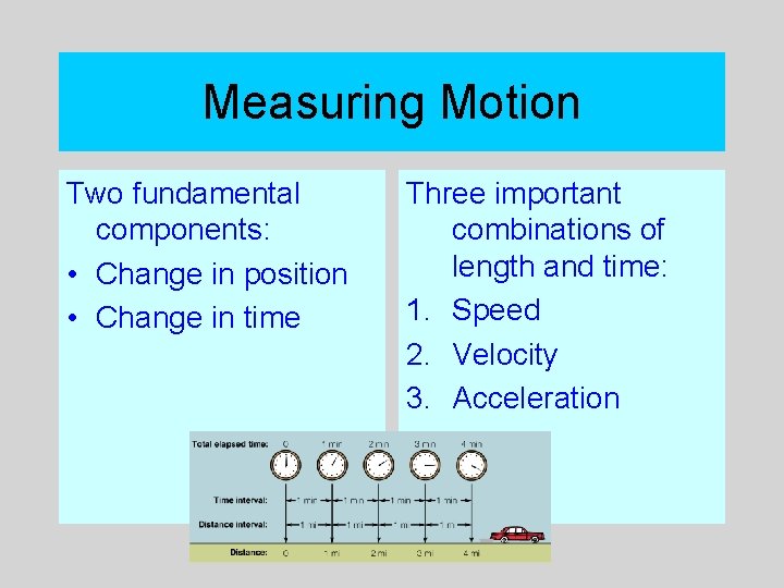 Measuring Motion Two fundamental components: • Change in position • Change in time Three