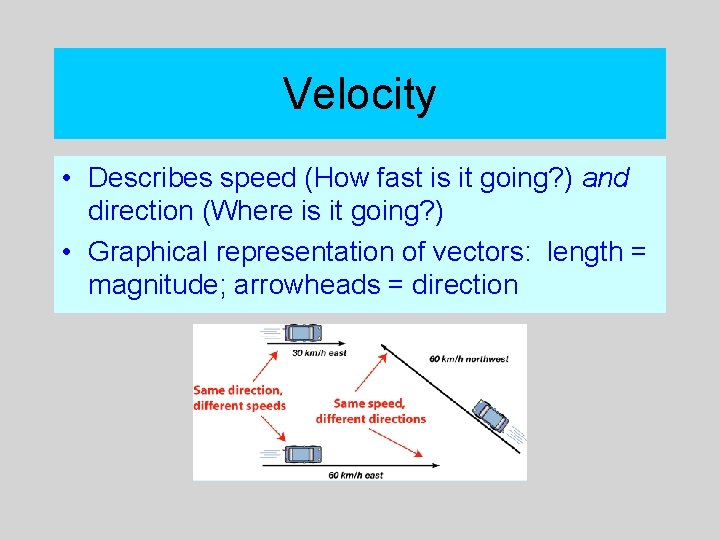 Velocity • Describes speed (How fast is it going? ) and direction (Where is