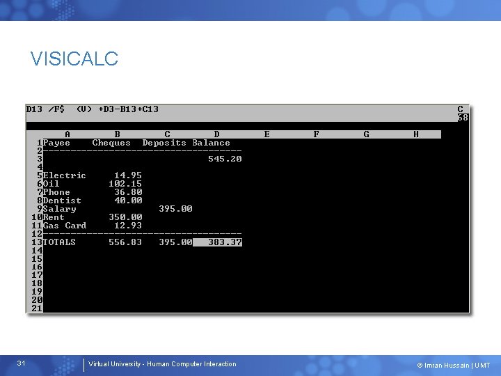 VISICALC 31 Virtual University - Human Computer Interaction © Imran Hussain | UMT 