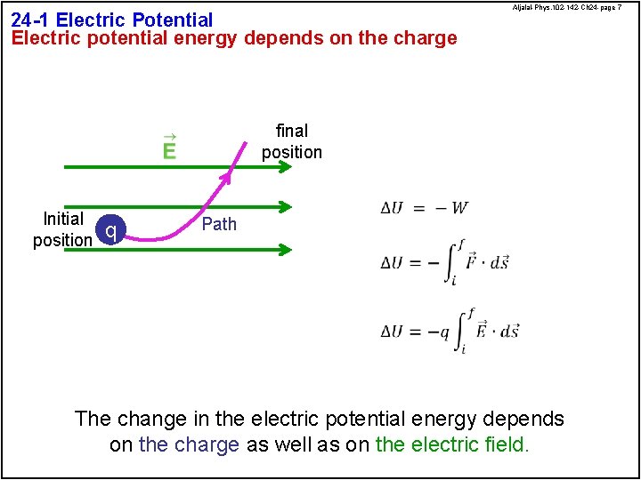 24 -1 Electric Potential Electric potential energy depends on the charge Aljalal-Phys. 102 -142