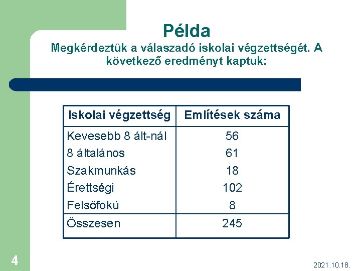 Példa Megkérdeztük a válaszadó iskolai végzettségét. A következő eredményt kaptuk: 4 Iskolai végzettség Említések