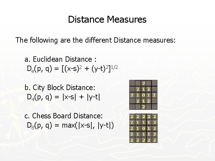 Distance Measures The following are the different Distance measures: a. Euclidean Distance : De(p,