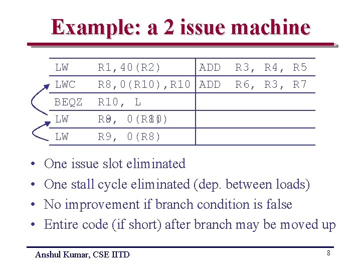 Example: a 2 issue machine LW LWC BEQZ LW LW • • ADD R