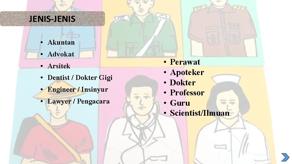 JENIS-JENIS • Akuntan • Advokat • Arsitek • Dentist / Dokter Gigi • Engineer