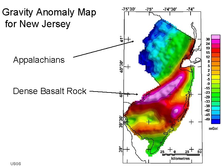 Gravity Anomaly Map for New Jersey Appalachians Dense Basalt Rock =1 millionth g USGS
