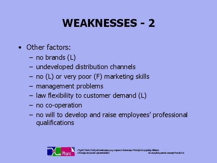 WEAKNESSES - 2 • Other factors: – – – – no brands (L) undeveloped
