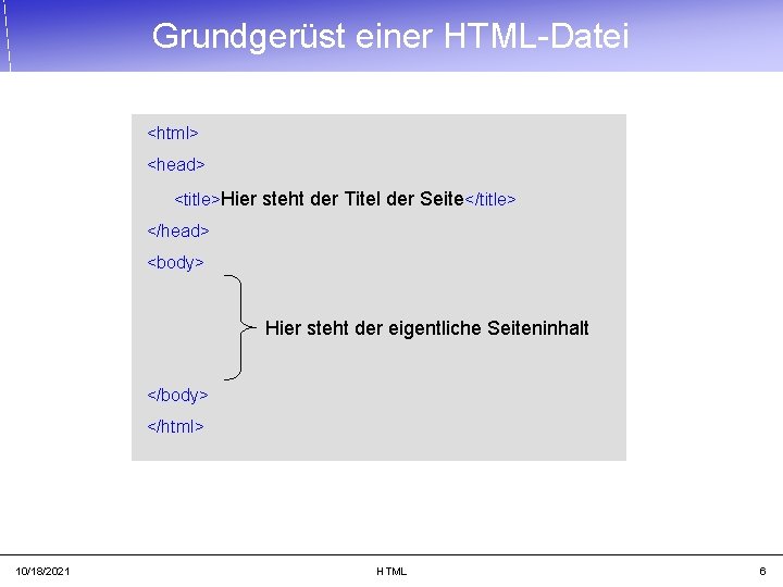 Grundgerüst einer HTML-Datei <html> <head> <title>Hier steht der Titel der Seite</title> </head> <body> Hier