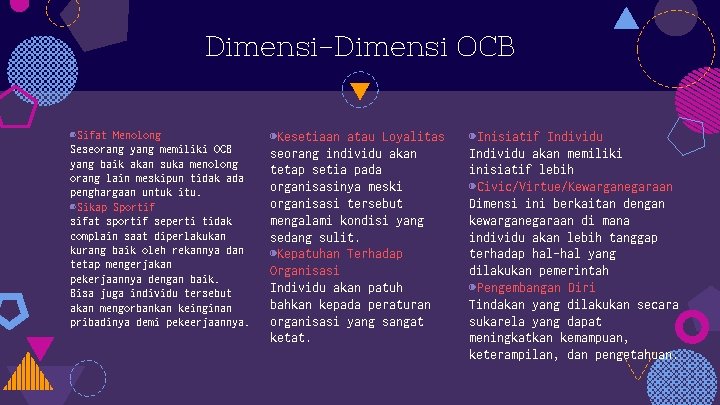 Dimensi-Dimensi OCB ◍Sifat Menolong Seseorang yang memiliki OCB yang baik akan suka menolong orang