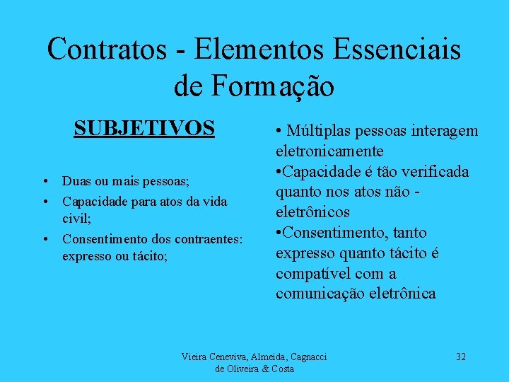 Contratos - Elementos Essenciais de Formação SUBJETIVOS • Duas ou mais pessoas; • Capacidade