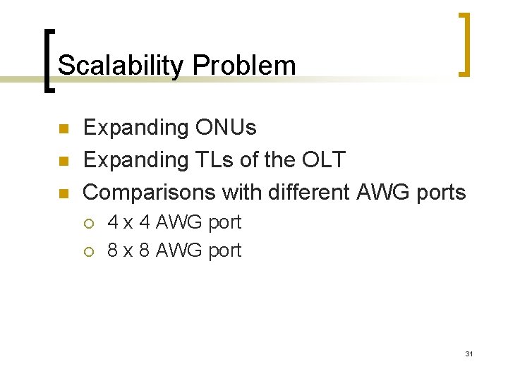 Scalability Problem n n n Expanding ONUs Expanding TLs of the OLT Comparisons with