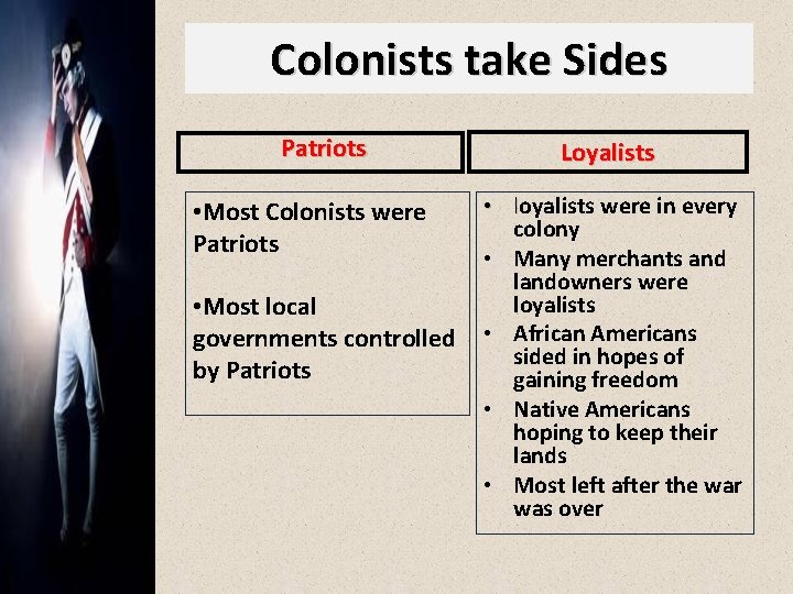 Colonists take Sides Patriots • Most Colonists were Patriots • Most local governments controlled