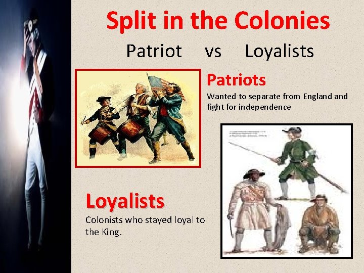 Split in the Colonies Patriot vs Loyalists Patriots Wanted to separate from England fight