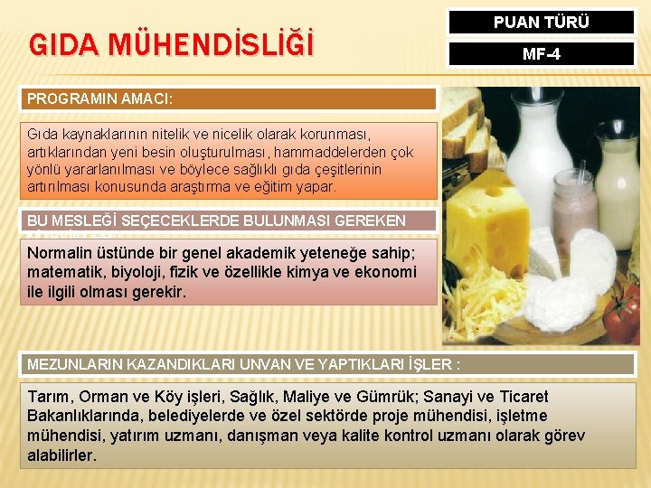 GIDA MÜHENDİSLİĞİ PUAN TÜRÜ MF-4 PROGRAMIN AMACI: Gıda kaynaklarının nitelik ve nicelik olarak korunması,